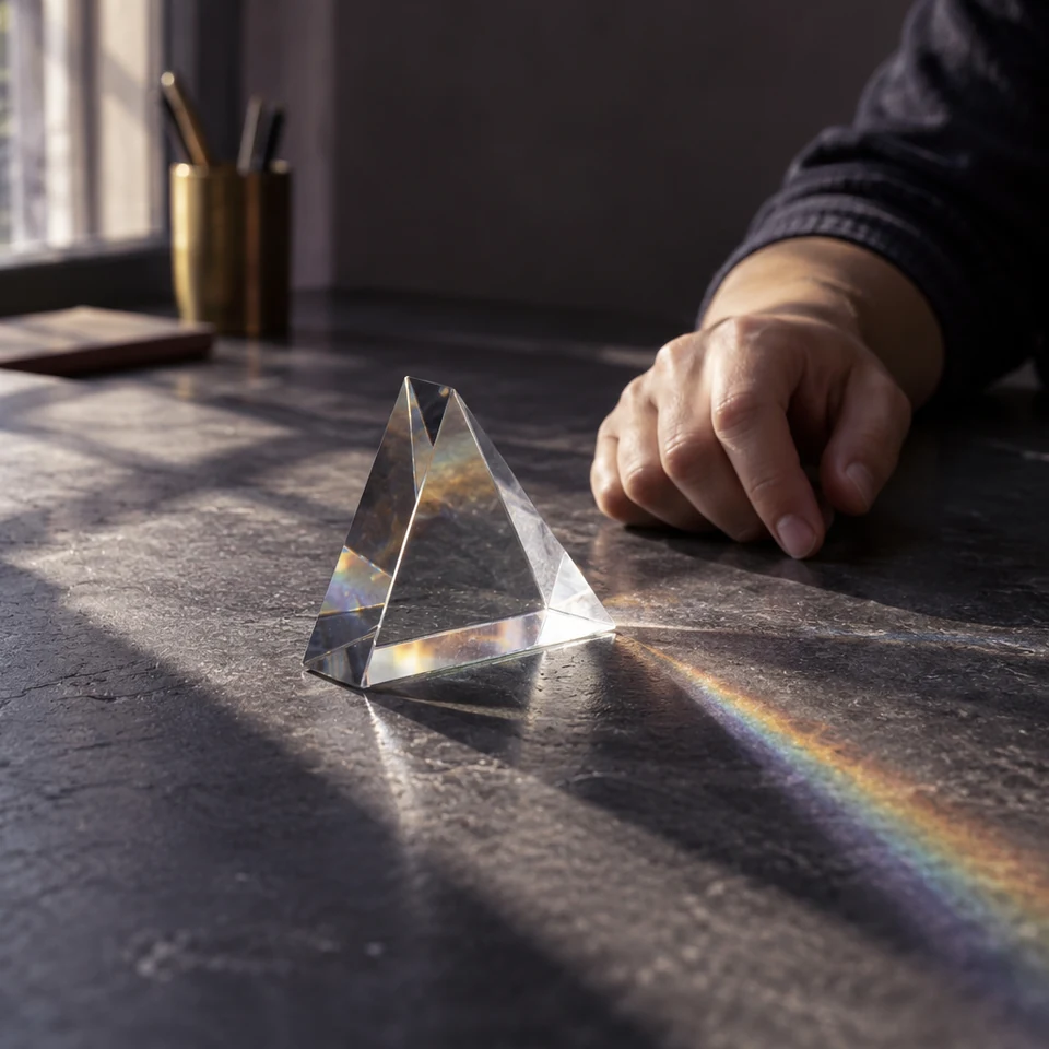 A glass prism on a dark table beside a hand in window light