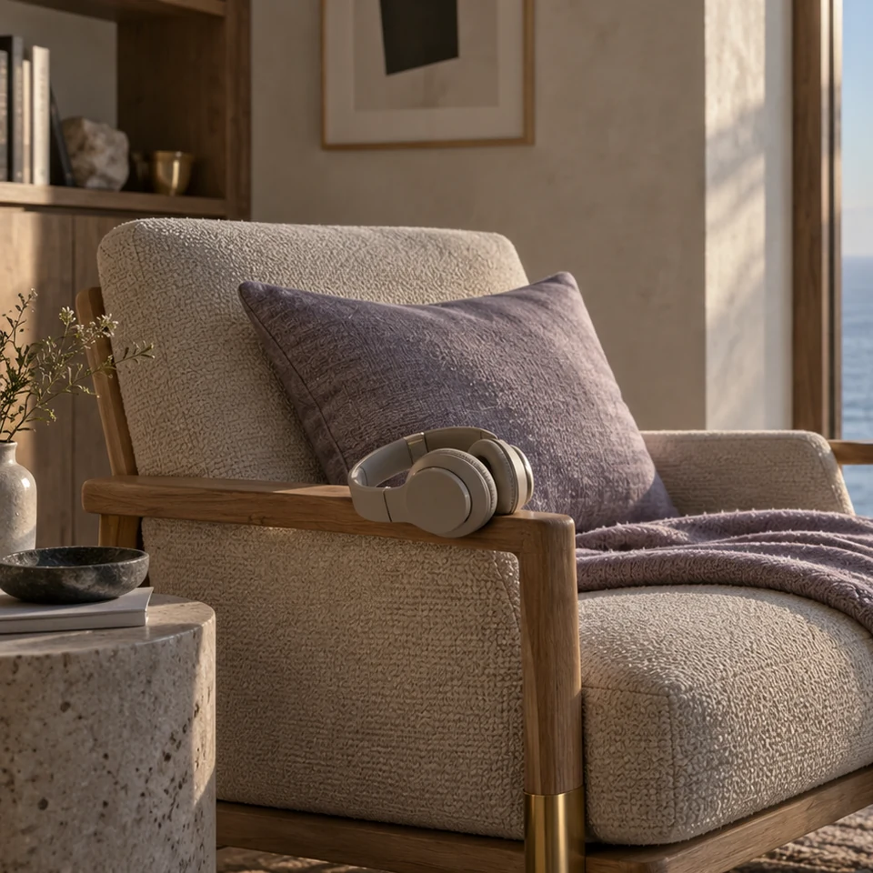 Headphones on a chair arm beside a window overlooking the sea