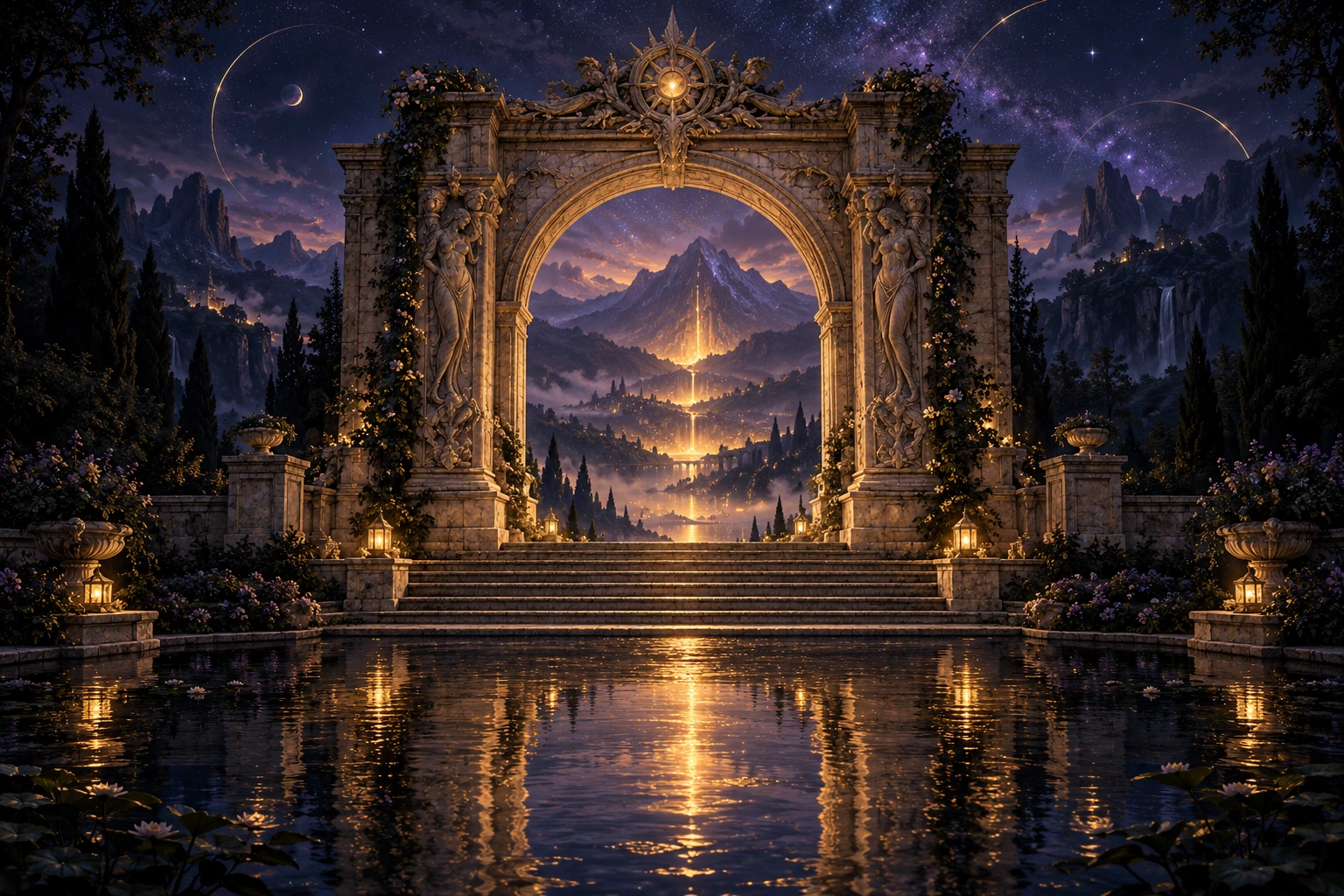 An illuminated stone gateway between mountains, with a golden reflection in the water.