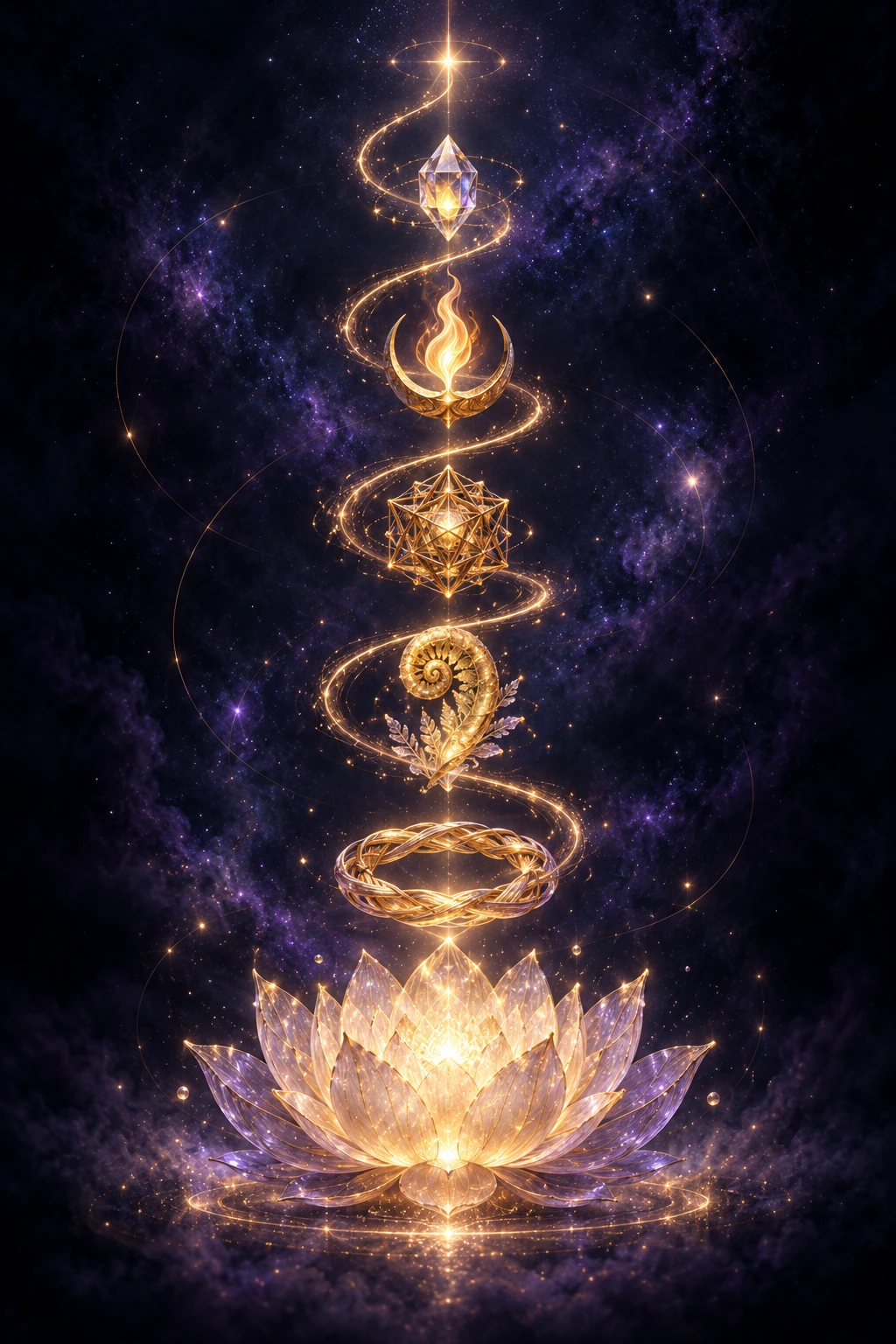 A golden spiral of light above a luminous lotus against a dark starry sky.