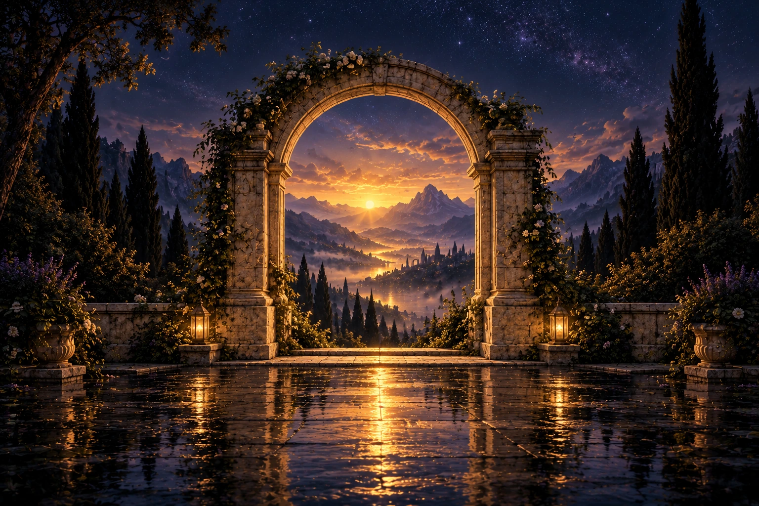 Een ronde stenen poort omlijst een zonsopkomst en de weerspiegeling op een terras.