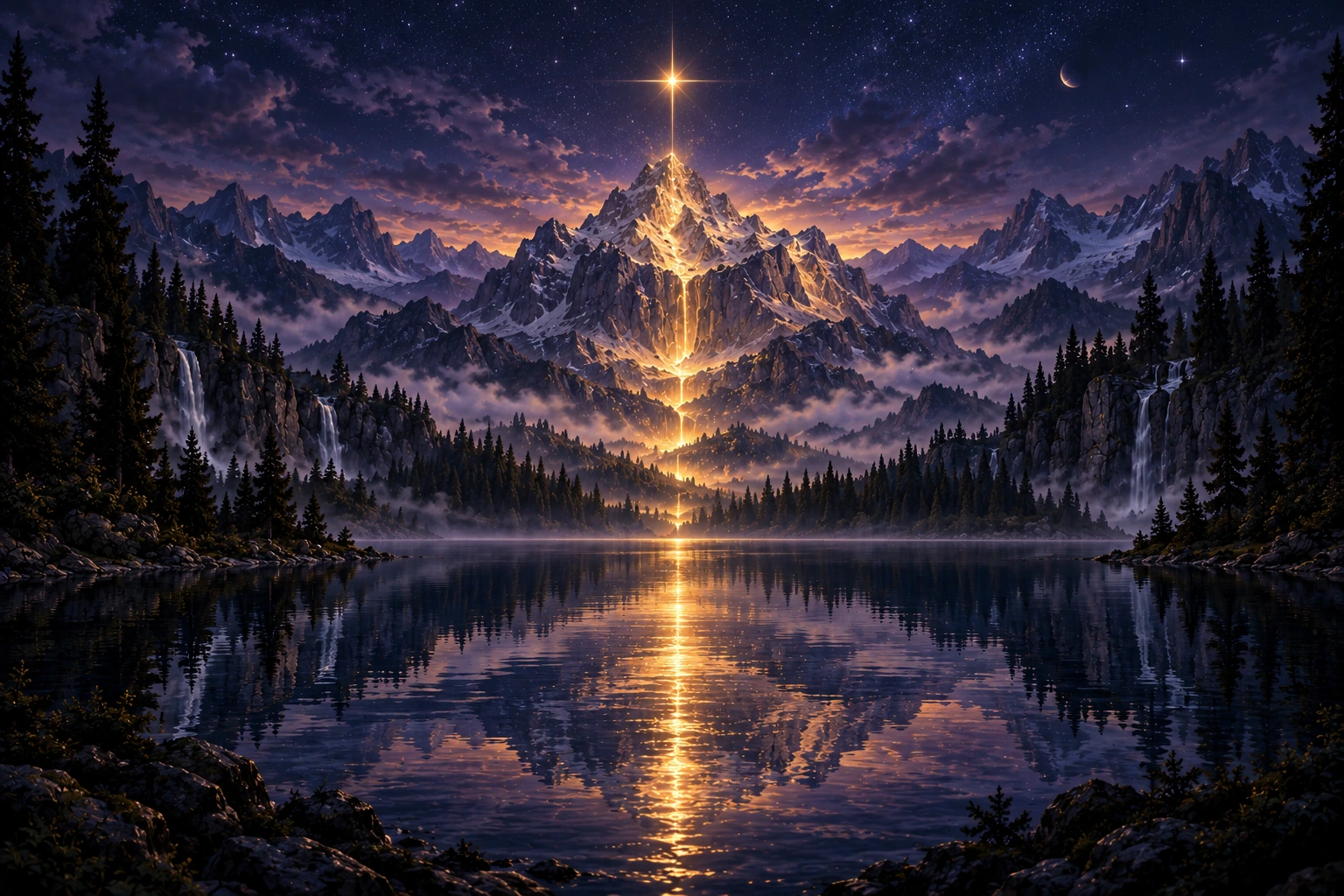A mountain landscape with a vertical golden axis of light reflected in a lake.